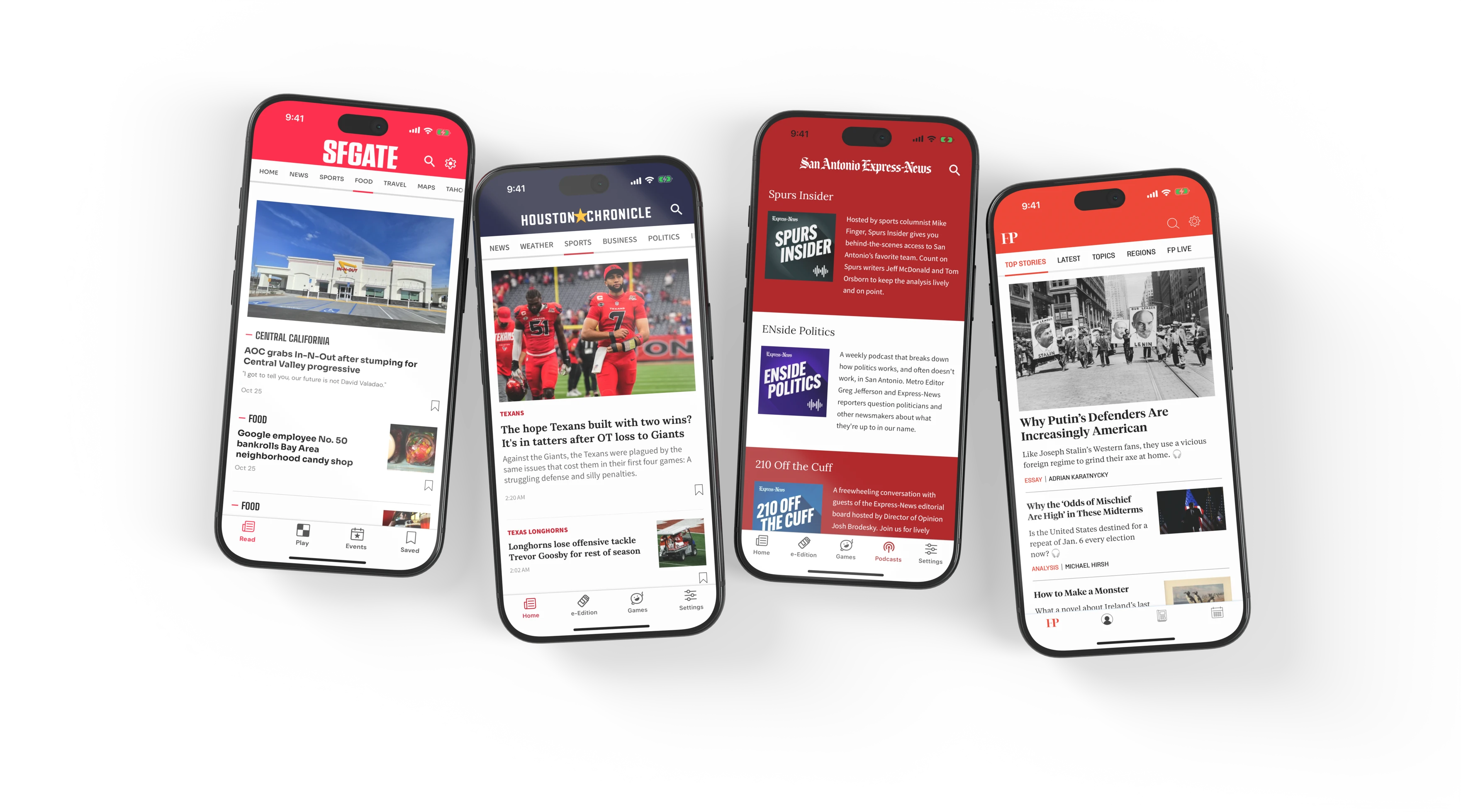 SFGATE’s Food section, Houston Chronicle’s Sports section, San Antonio Express-News podcasts and Foreign Policy news on four phones.