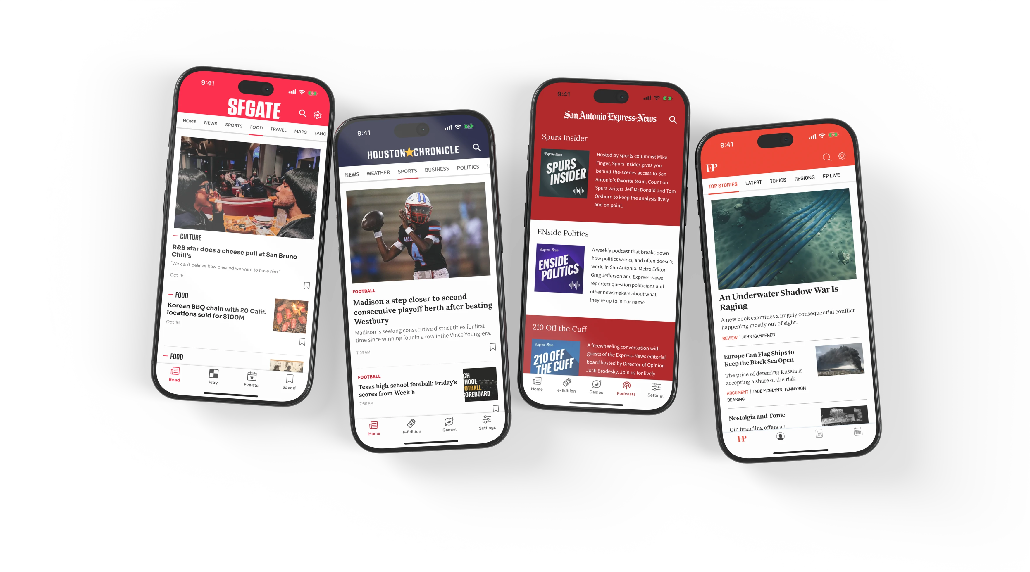 SFGATE’s Food section, Houston Chronicle’s Sports section, San Antonio Express-News podcasts and Foreign Policy news on four phones.
