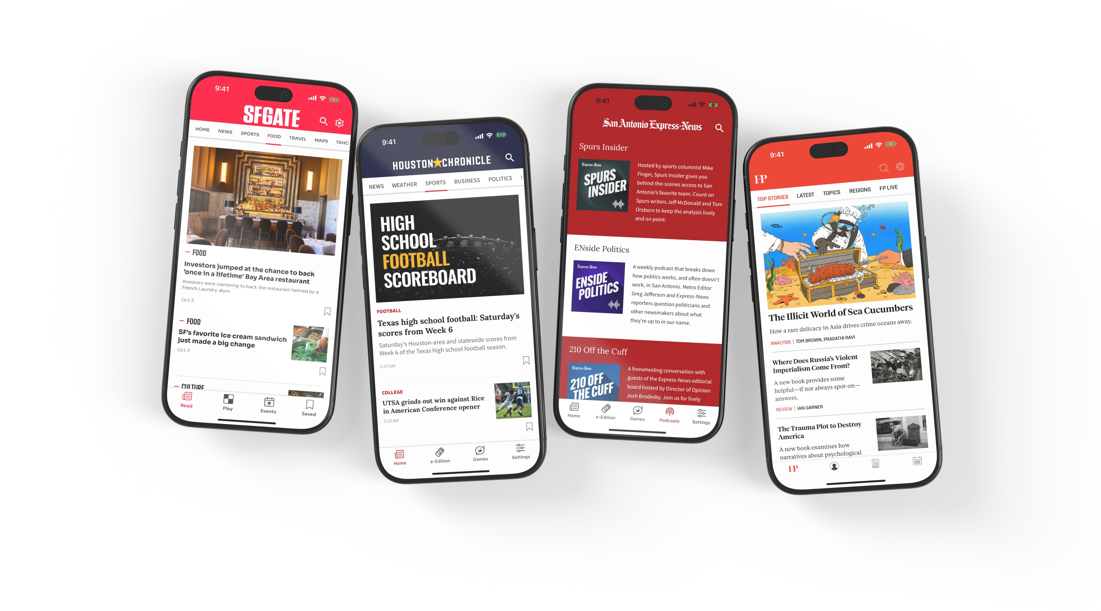 SFGATE’s Food section, Houston Chronicle’s Sports section, San Antonio Express-News podcasts and Foreign Policy news on four phones.