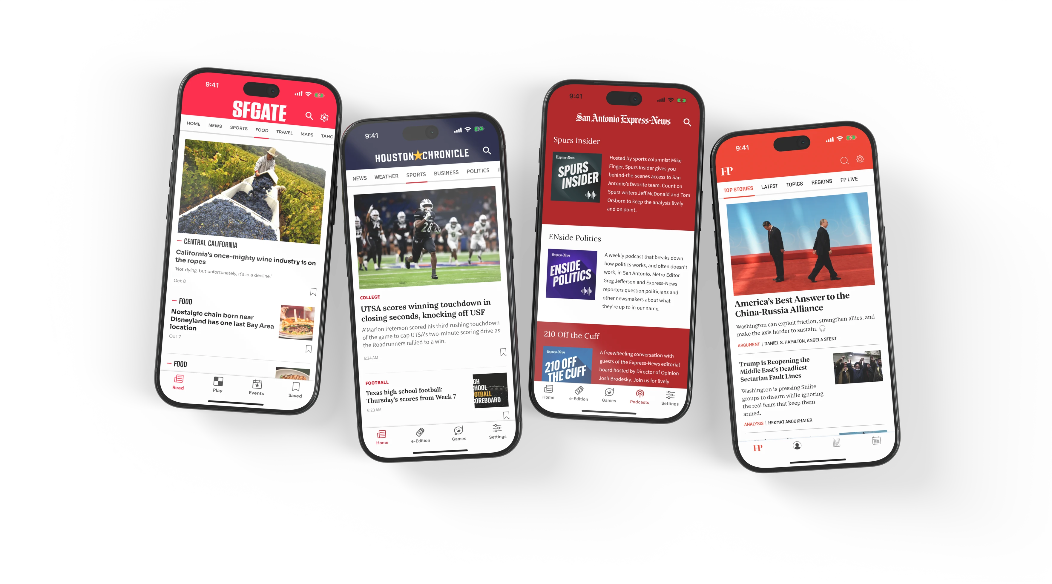 SFGATE’s Food section, Houston Chronicle’s Sports section, San Antonio Express-News podcasts and Foreign Policy news on four phones.
