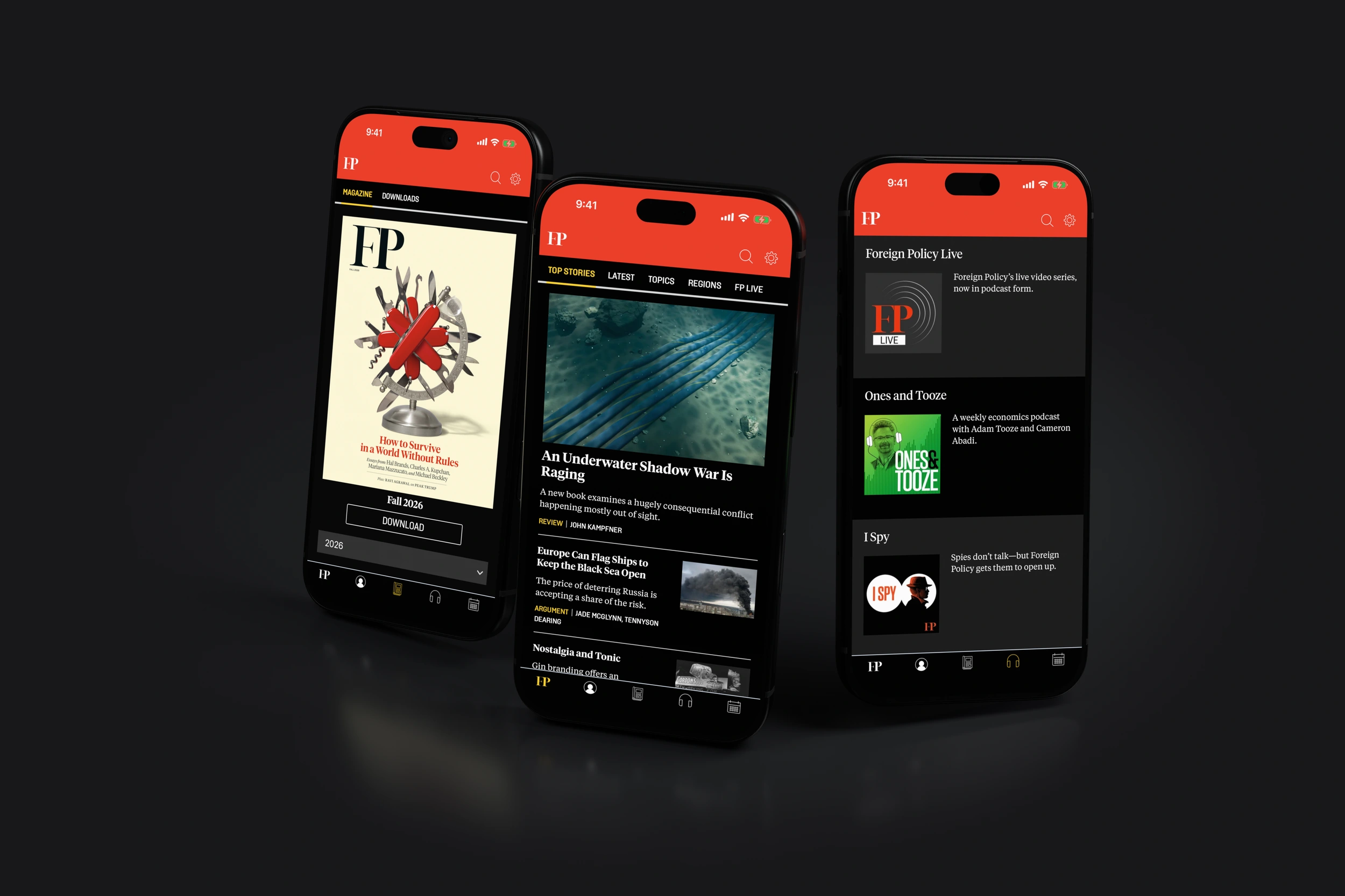 Foreign Policy editions, news and podcasts on three phones in dark mode.