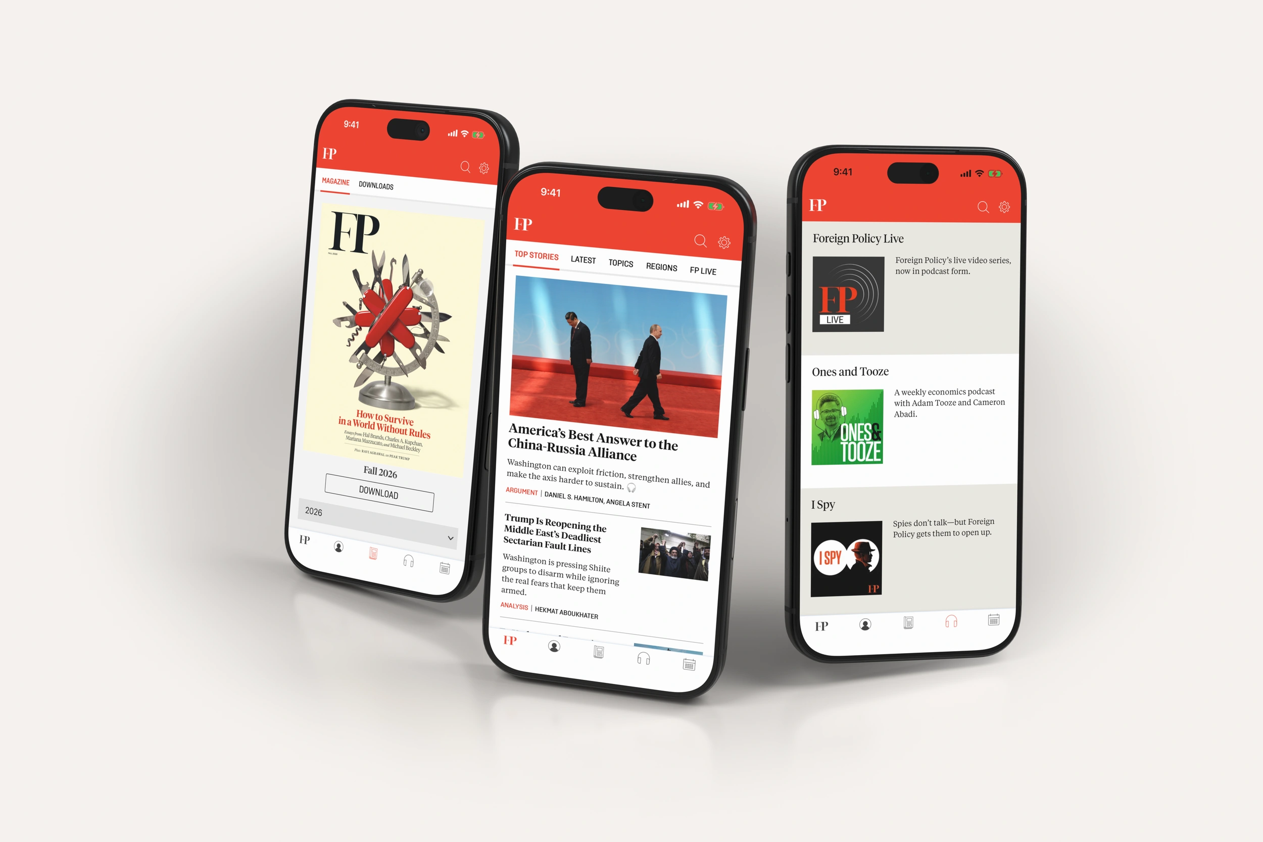 Foreign Policy editions, news and podcasts on three phones in light mode.