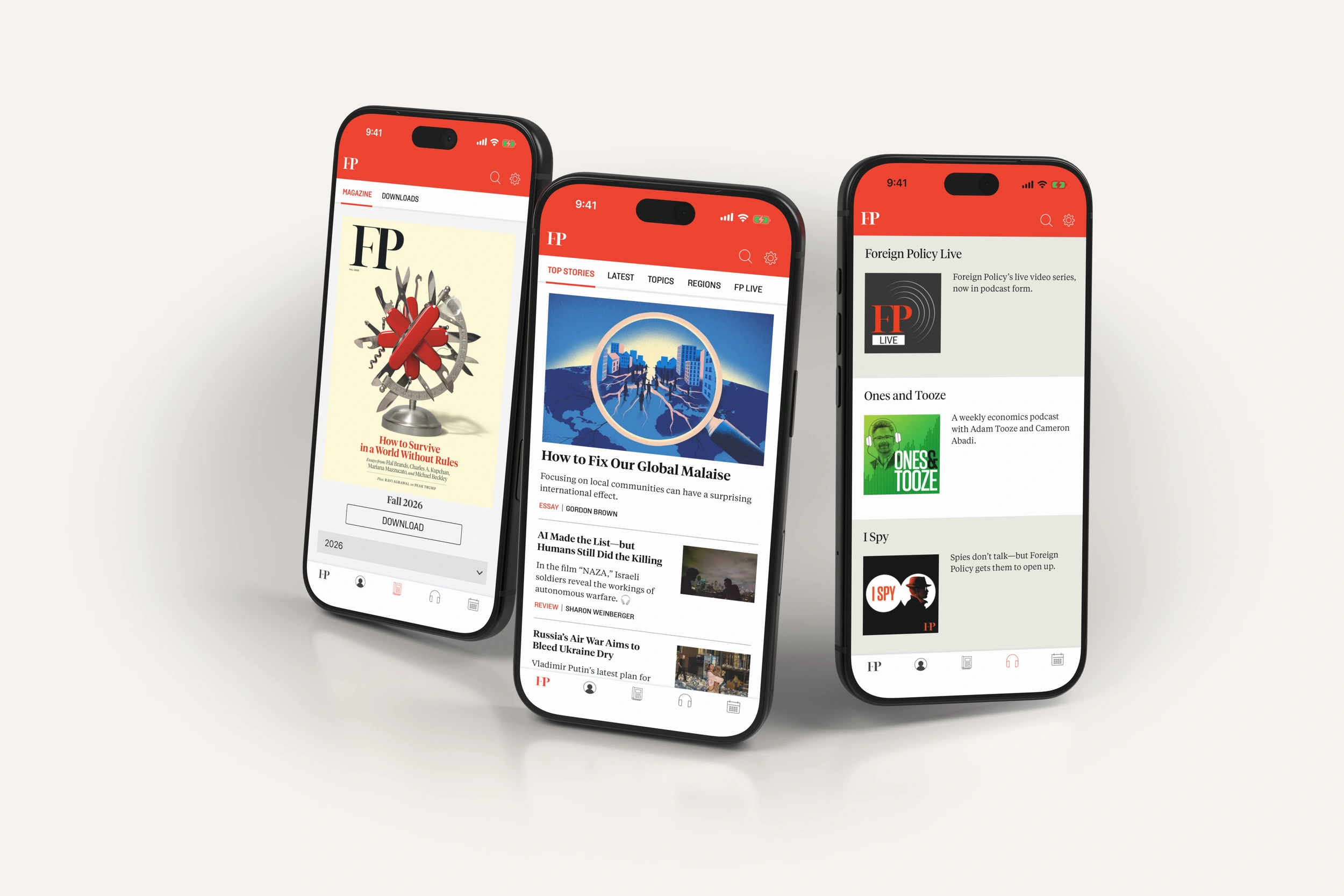 Foreign Policy editions, news and podcasts on three phones in light mode.