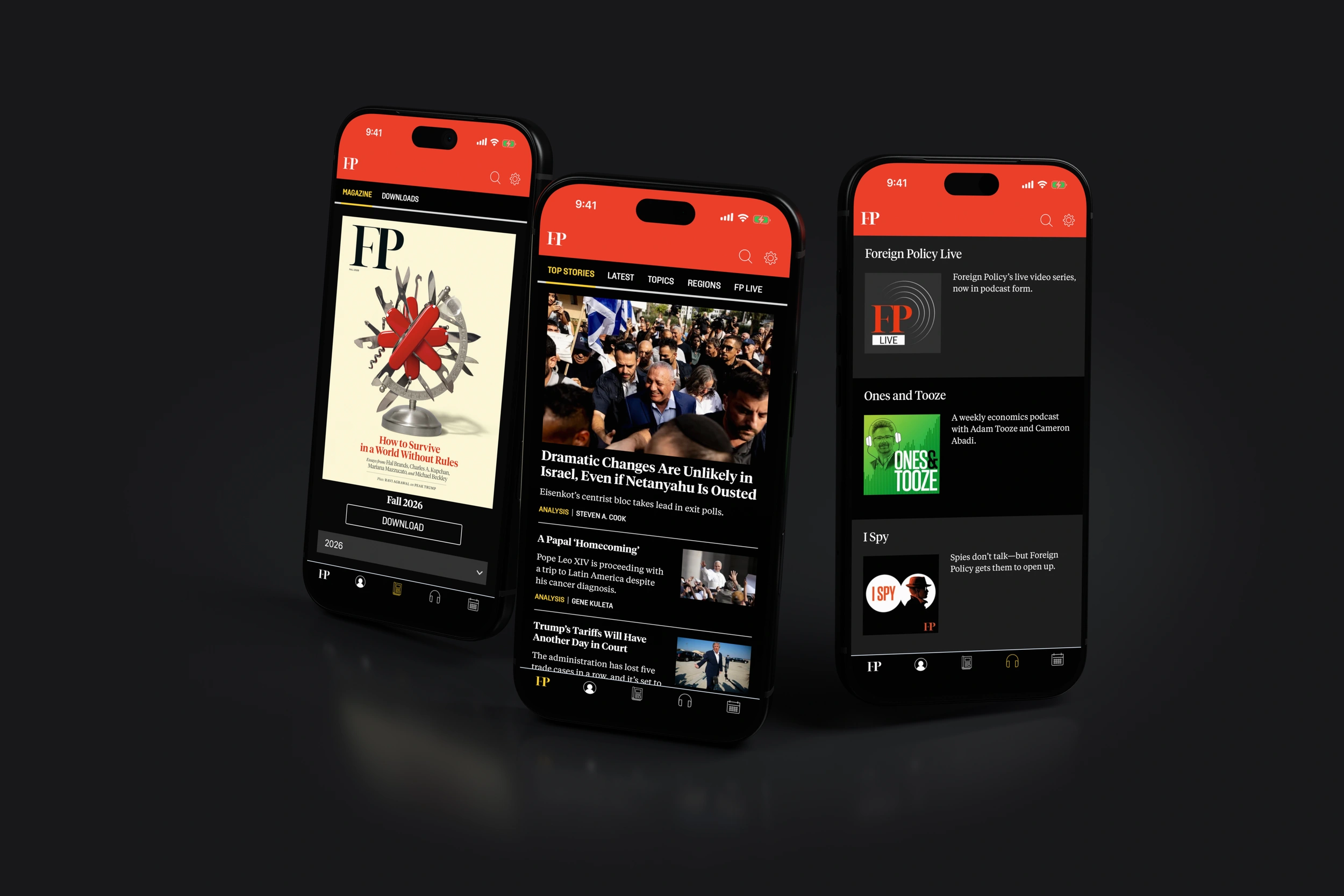 Foreign Policy editions, news and podcasts on three phones in dark mode.