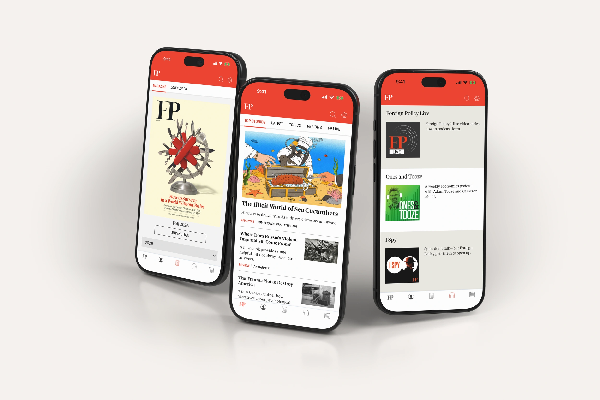Foreign Policy editions, news and podcasts on three phones in light mode.