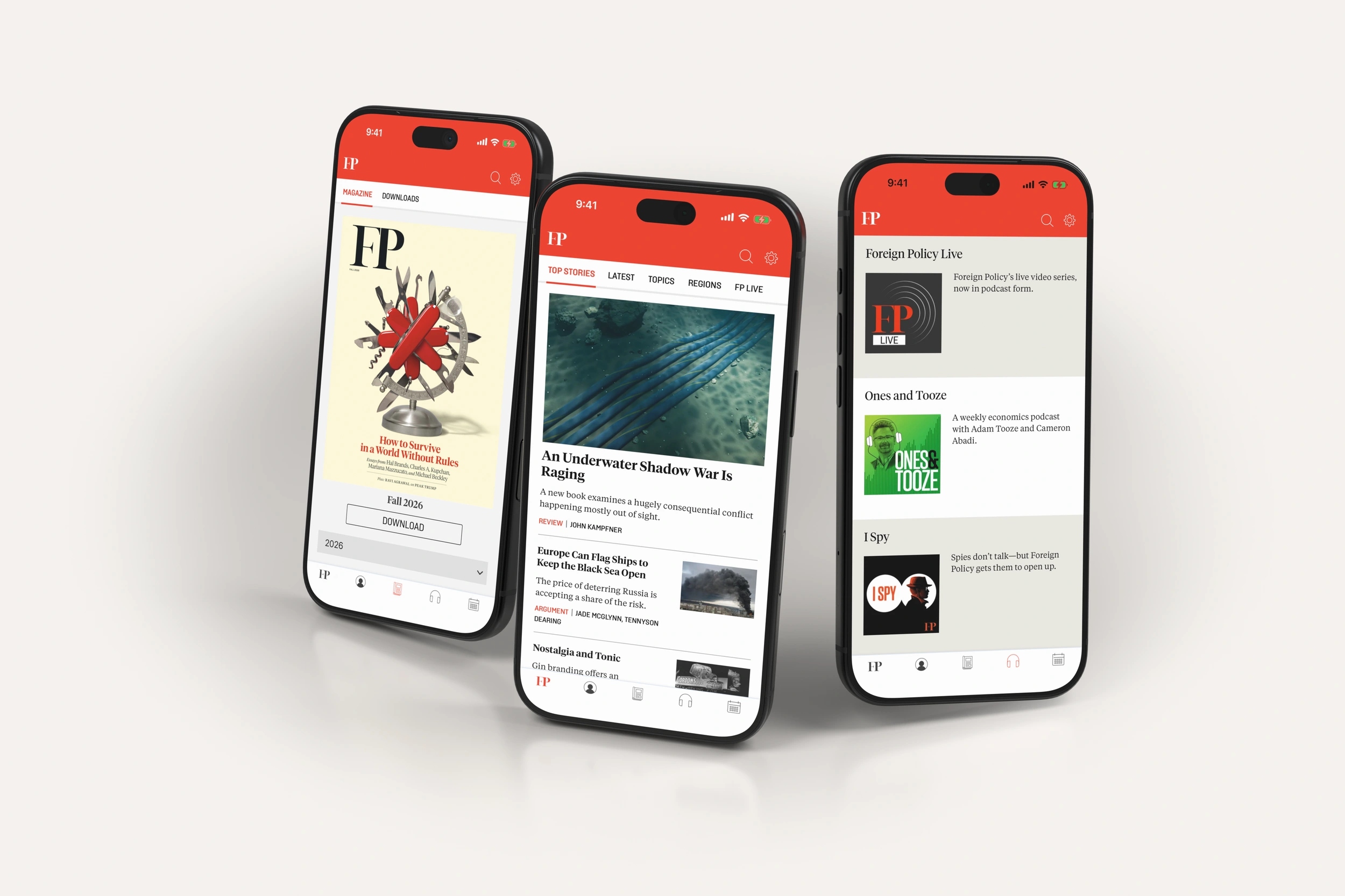 Foreign Policy editions, news and podcasts on three phones in light mode.