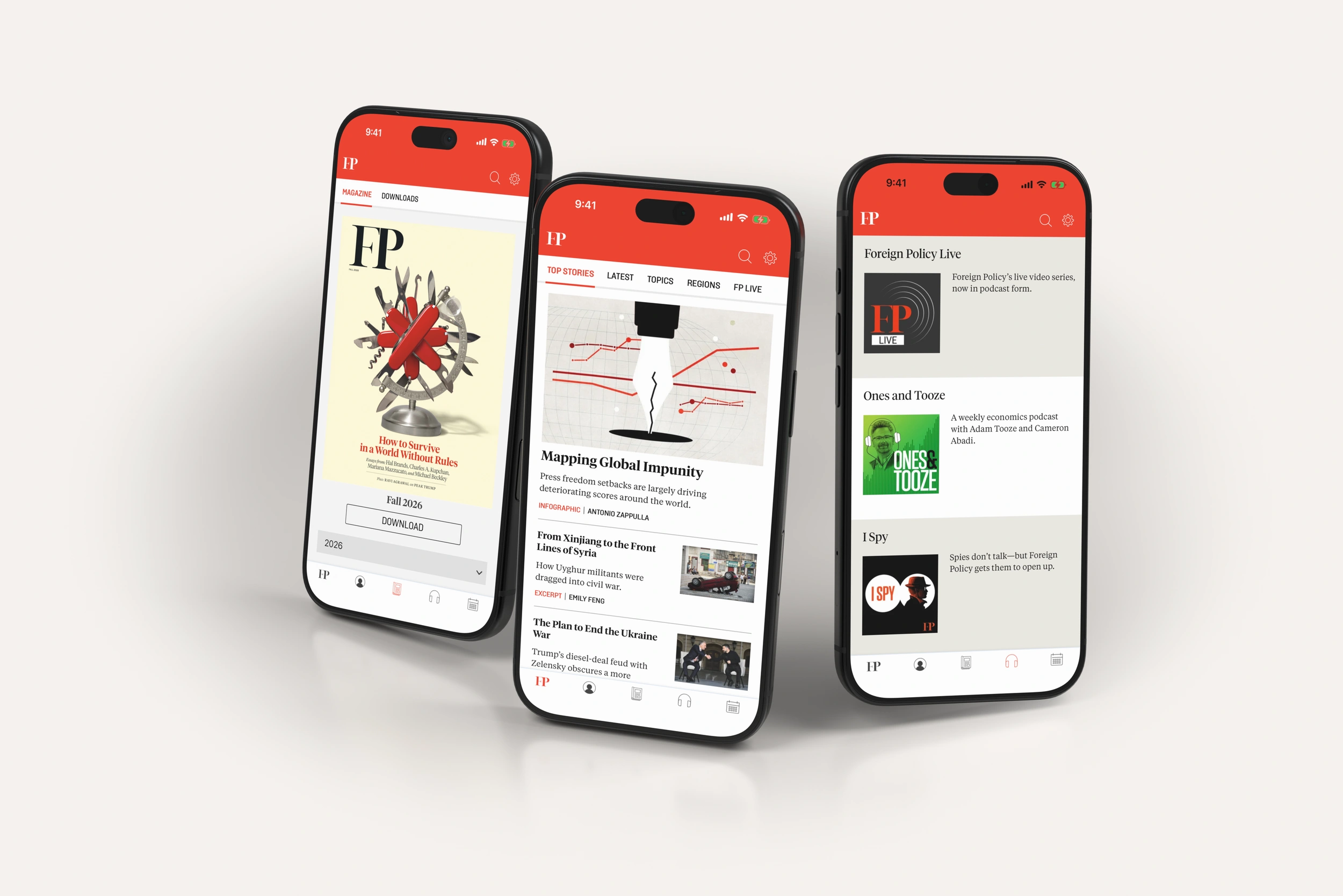 Foreign Policy editions, news and podcasts on three phones in light mode.